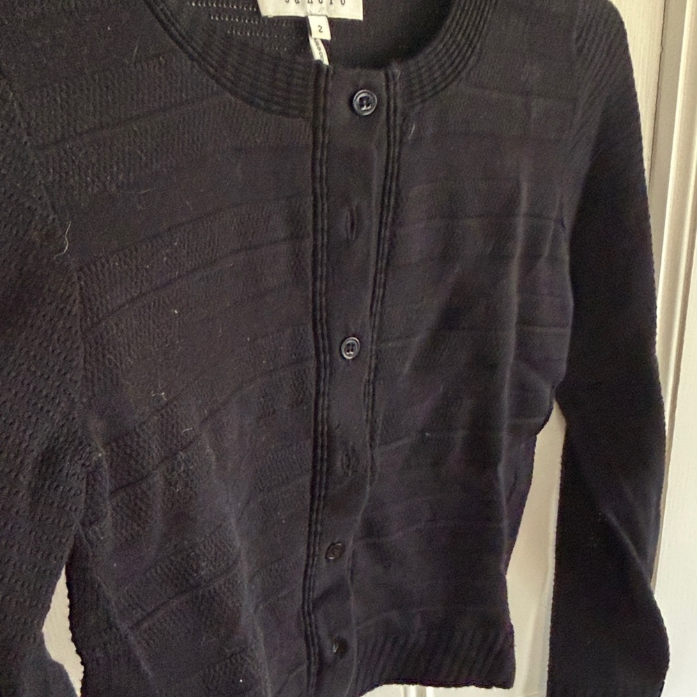 Sandro Black Button-Up Ribbed Crewneck Cardigan - Picture 3 of 8